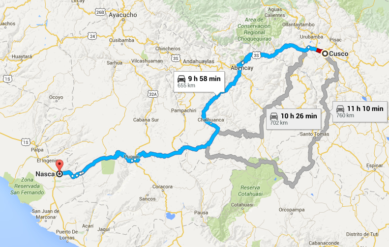 mapa del recorrido Cusco Nazca