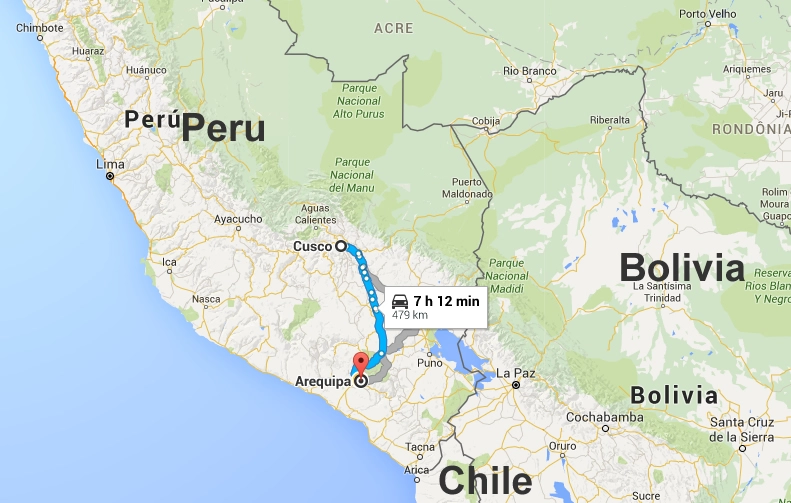 Mapa de distacia de Cusco a Arequipa
